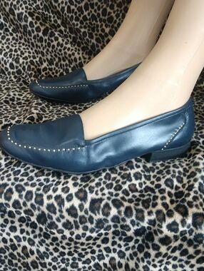 Women's Navy Leather Studded Loafers